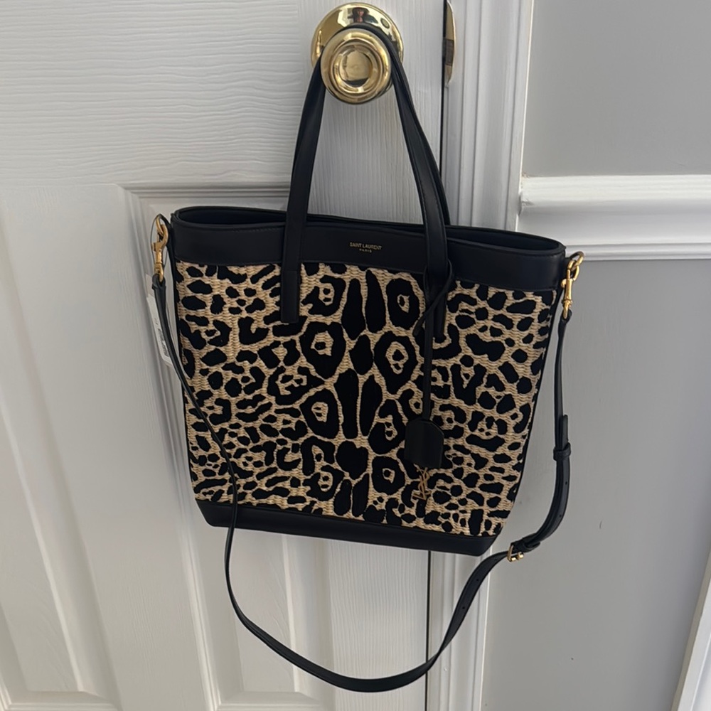 Saint Laurent Raffia Leopard Print Toy Shopping Tote